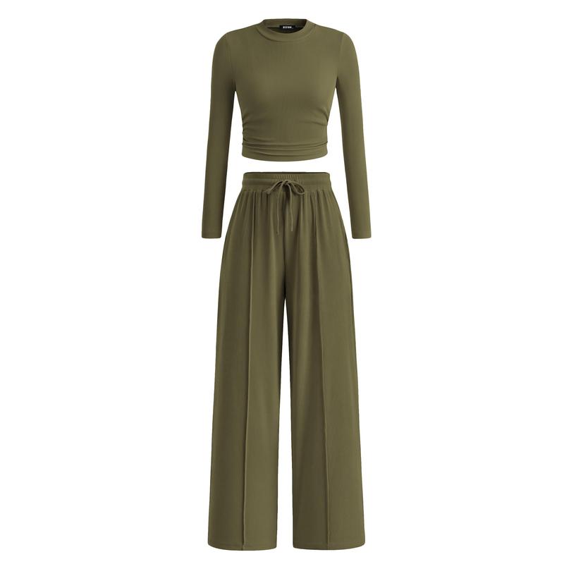 MIRELA™ - Ribbed Knit Long Sleeve Crop Top and Matching Pants Set