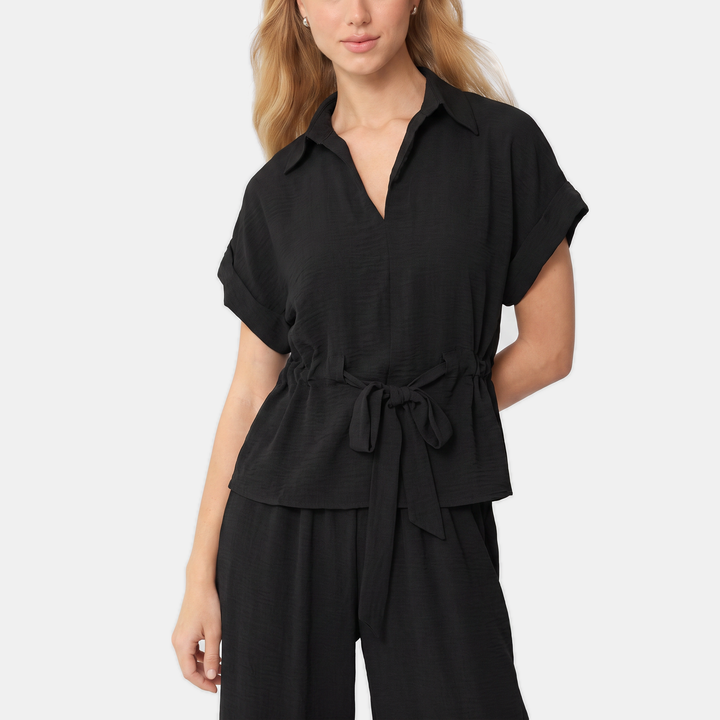 Women's Collared Short Sleeve Top and Wide Leg Trousers Co-ord Set