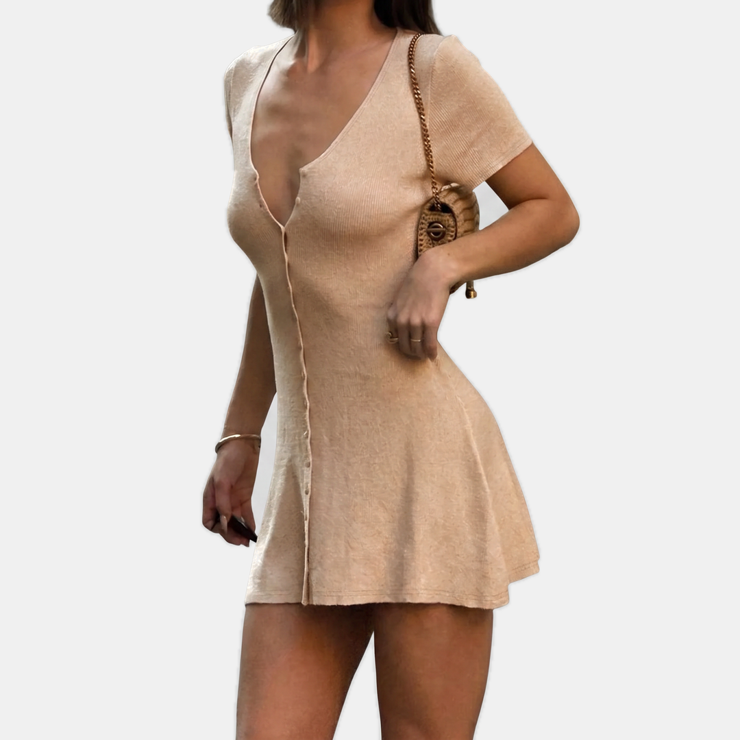 Women's Button Front Deep V-Neck Short Sleeve A Line Dress