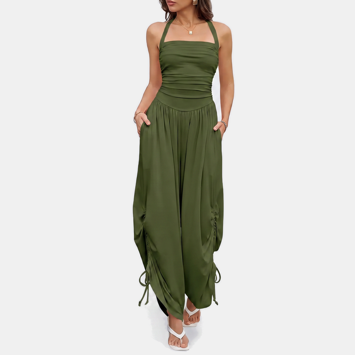 Women's Halter Neck Ruched Bodice Wide Leg Jumpsuit