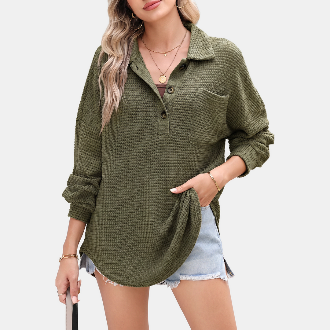 Women's Button V Neck Long Sleeve Waffle Knit Tunic Top