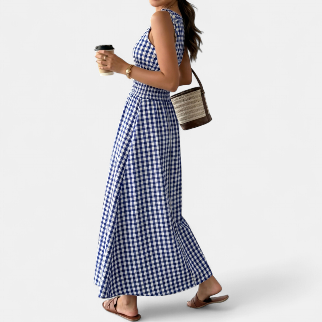 PETAL™ – Plaid Tie-Shoulder Ruffle Maxi Dress