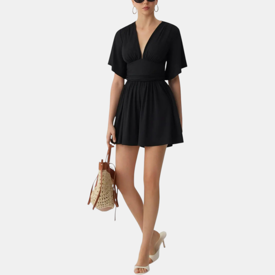 Women's Ruched High Waist Wide Leg V-Neck Summer Romper