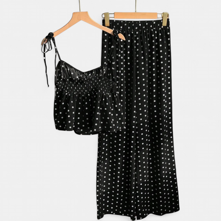 SOLÈNE™ – Polka Dot Tie-Shoulder Cami & Wide Leg Pants Set