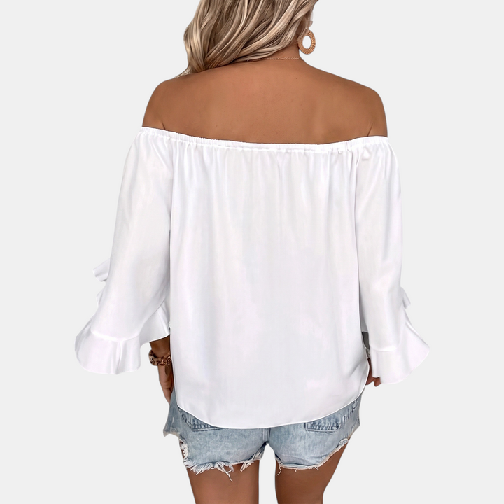 Women's Off Shoulder Bell Sleeve Tie Waist Loose Blouse