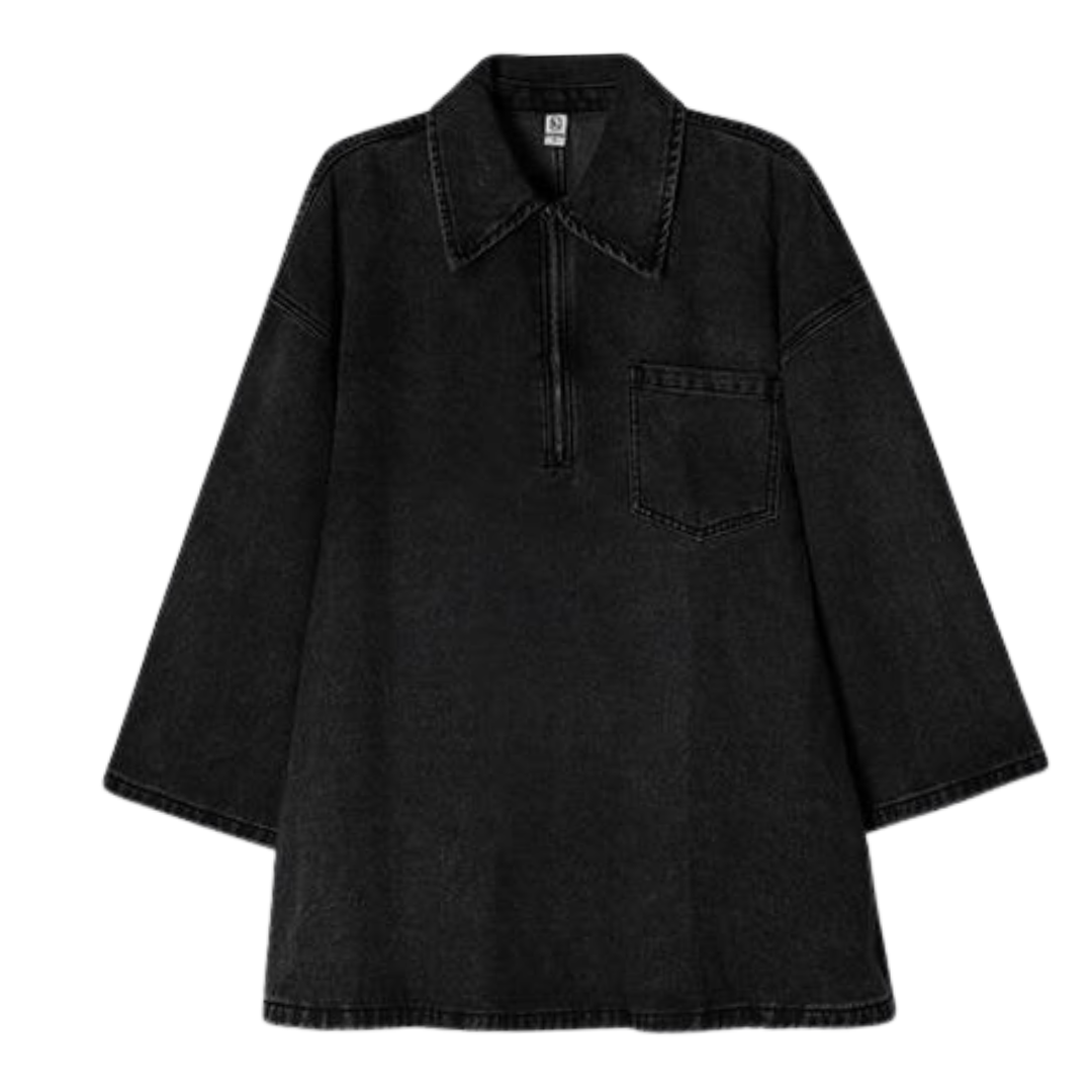 MARIA™ - Loose Fit Denim Dress with Chest Pocket Half-Zip Collared Neck