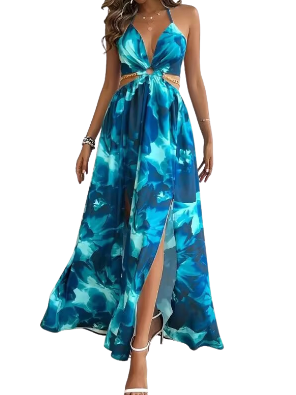 ASHA™ – Floral Print Chain Decor Split Thigh Cami Maxi Dress for Summer