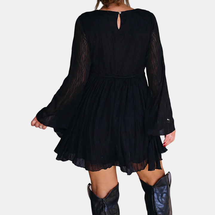 Women's Belted Round Neck Sleeve Stretch Mini Dress