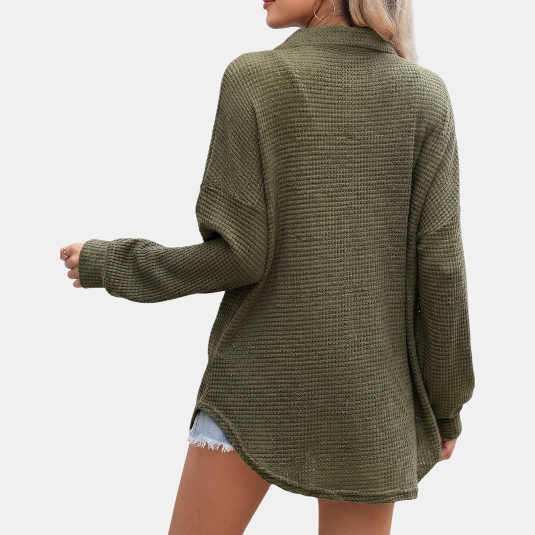 Women's Button V Neck Long Sleeve Waffle Knit Tunic Top