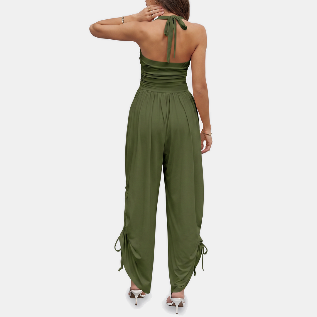 Women's Halter Neck Ruched Bodice Wide Leg Jumpsuit
