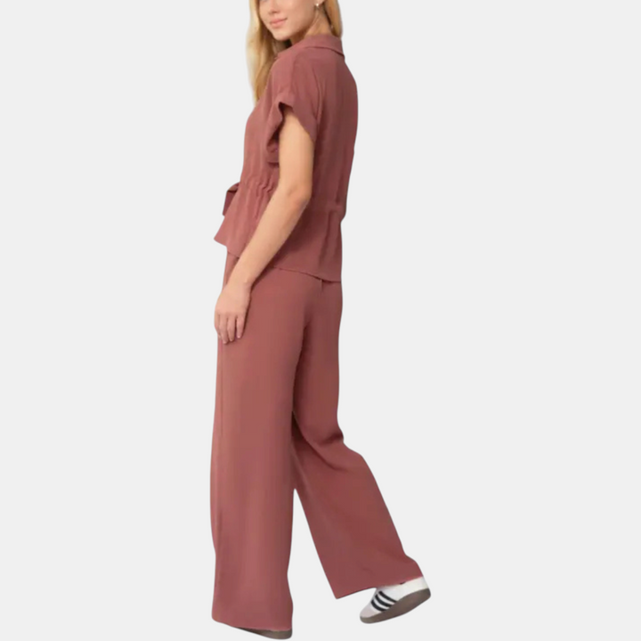 Women's Collared Short Sleeve Top and Wide Leg Trousers Co-ord Set