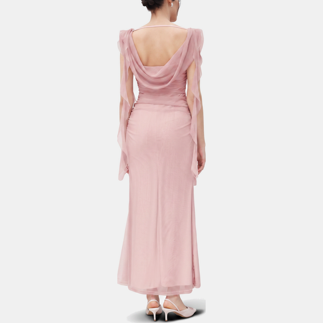Women's Ruffle Hem Open Back Sleeveless Ruched Maxi Dress