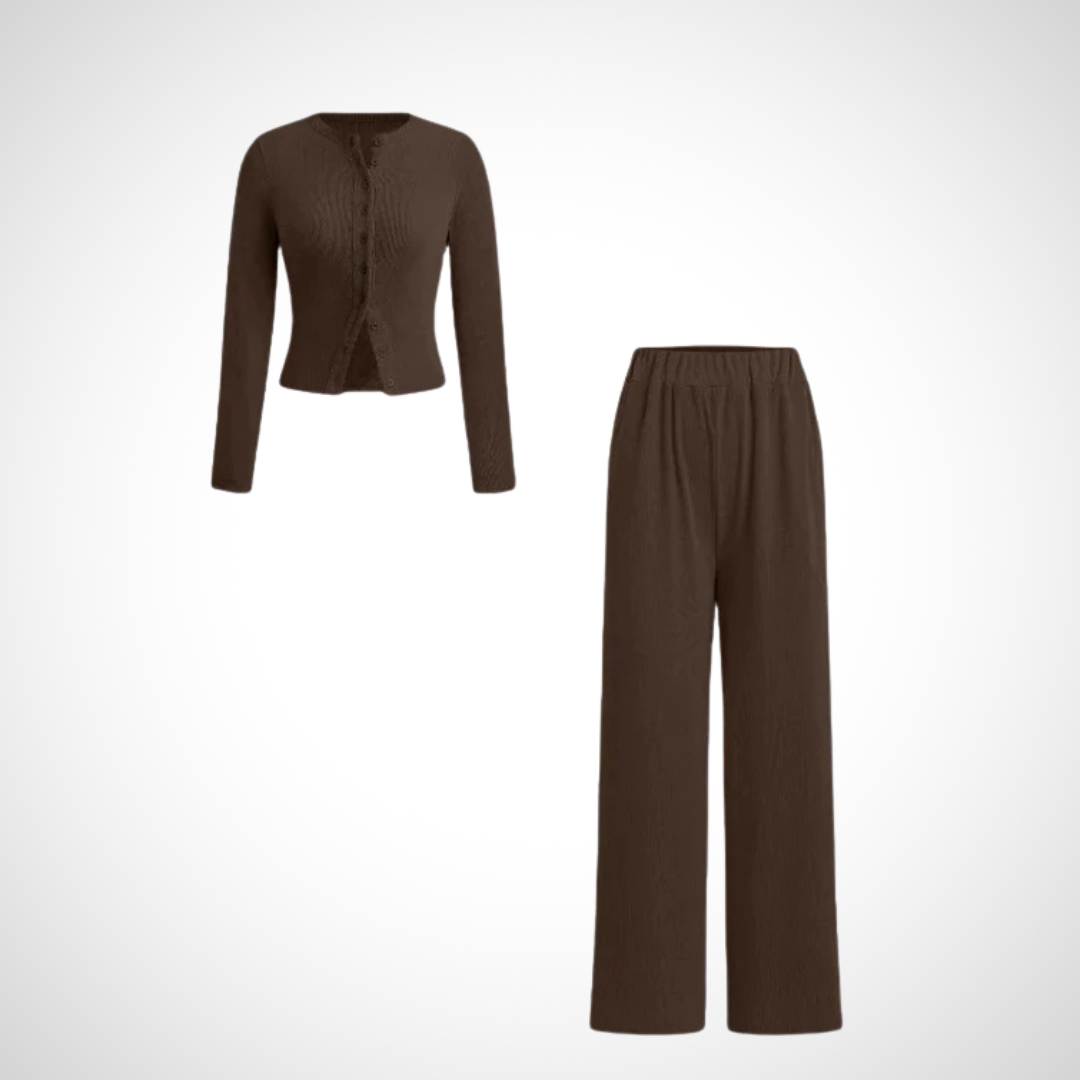 COLY™ - Comfy Button Front Long Sleeve Top and Pants Set