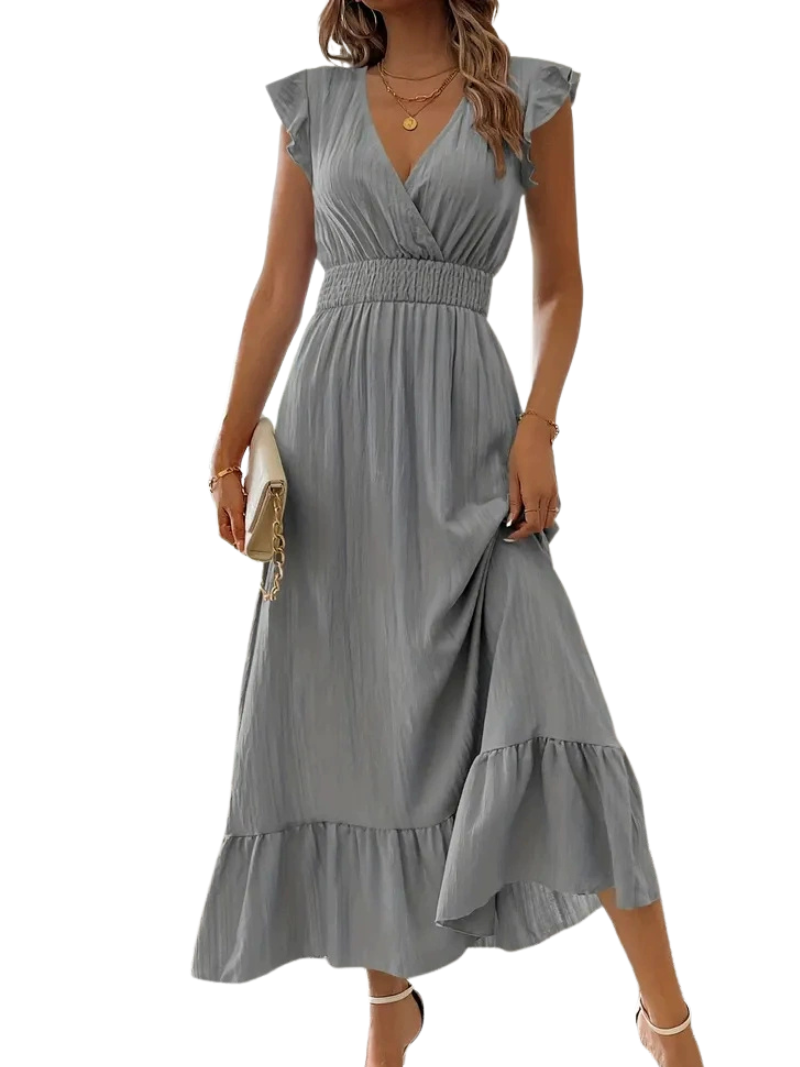 ARIELLE™ – Shirred V-Neck Casual Long Dress