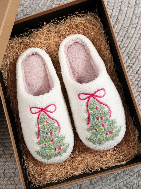 HOLLY™ - Christmas Bowknot Embroidered Plush Slippers with Tree Design