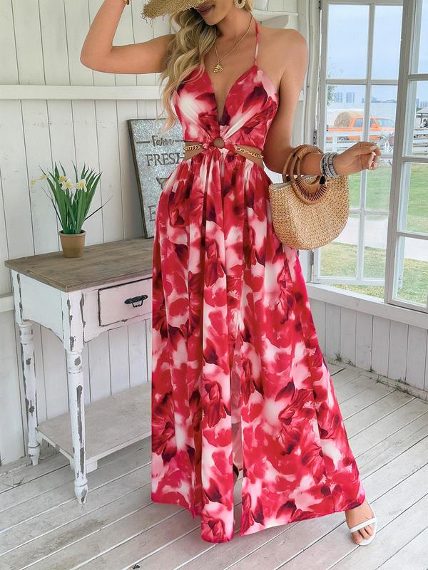 HANNAH™ - Floral Print Cami Dress with Chain Decor and Split Thigh for Beach Holidays