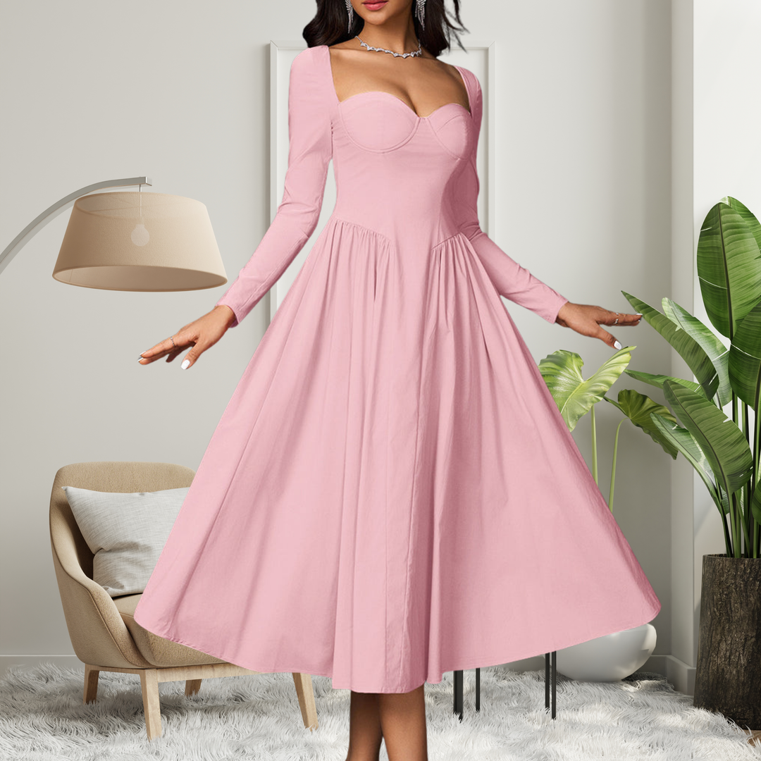 AKILA™ - Elegant Heart Neckline Long Sleeve A-Line Maxi Dress