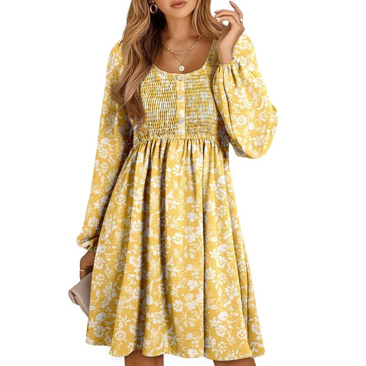 HARPER™ - Casual Smocked Empire Waist A-Line Dress with Button-Up Detail