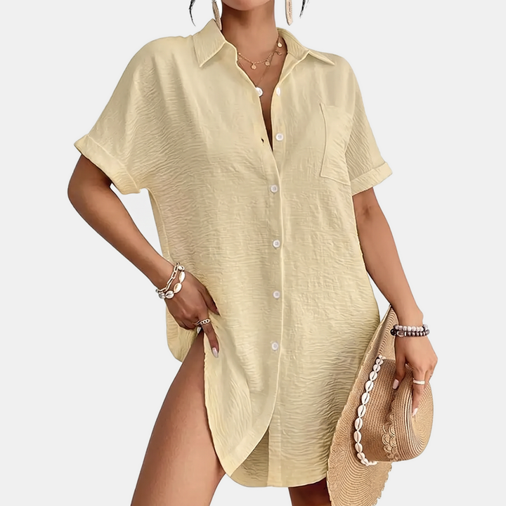 Women's Button Down Pocket Short Sleeve Shirt Dress