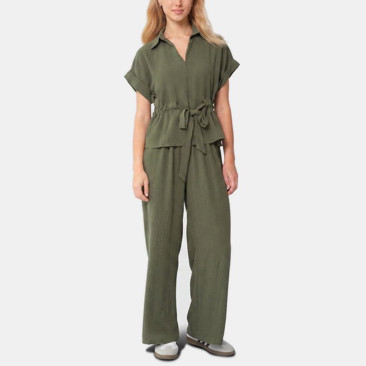 Women's Collared Short Sleeve Top and Wide Leg Trousers Co-ord Set