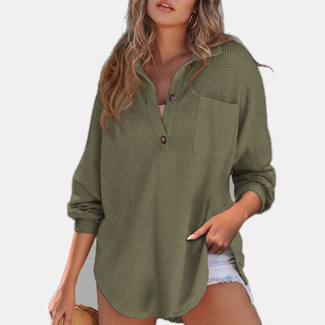 Women's Button V Neck Long Sleeve Waffle Knit Tunic Top