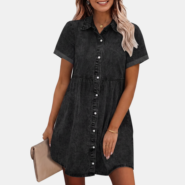 Women's Washed Denim Button Down Ruffle Tiered Mini Dress