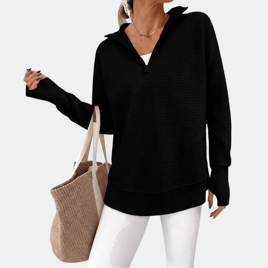 Women's Quarter Zip V Neck Ribbed Knit Pullover Sweater