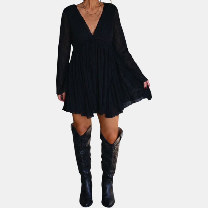 Women's Belted Round Neck Sleeve Stretch Mini Dress