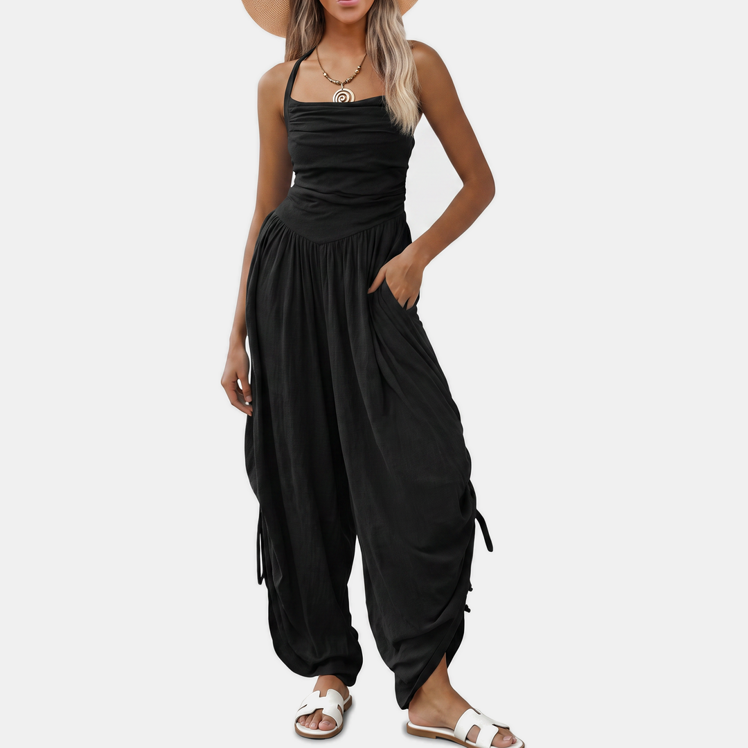 Women's Halter Neck Ruched Bodice Wide Leg Jumpsuit