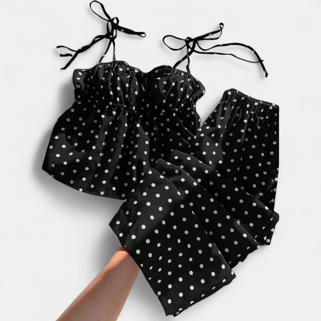 SOLÈNE™ – Polka Dot Tie-Shoulder Cami & Wide Leg Pants Set