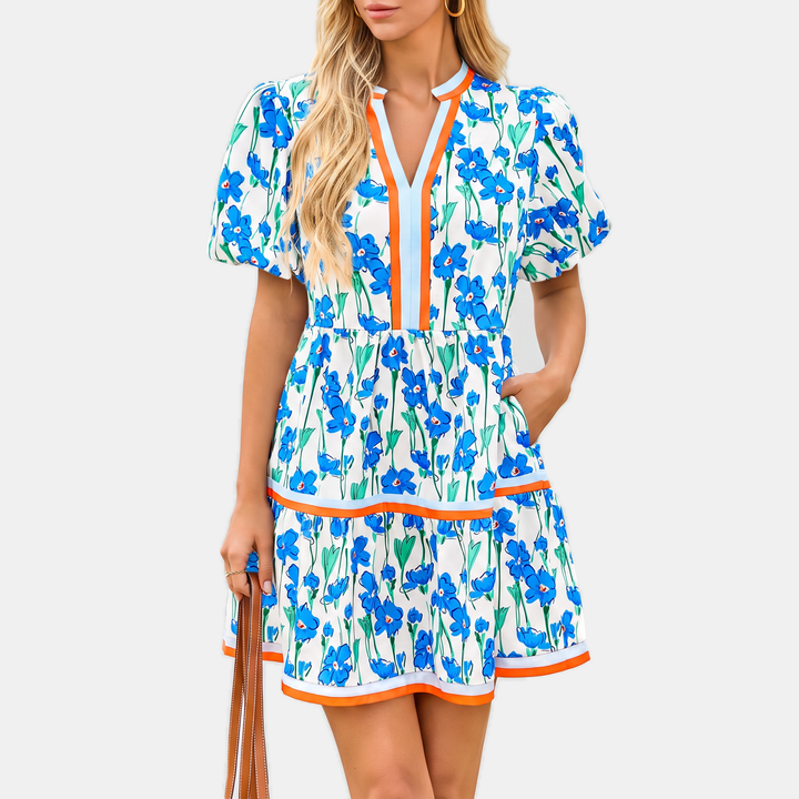 Women's Patchwork Puff Sleeve V-Neck A Line Mini Sundress