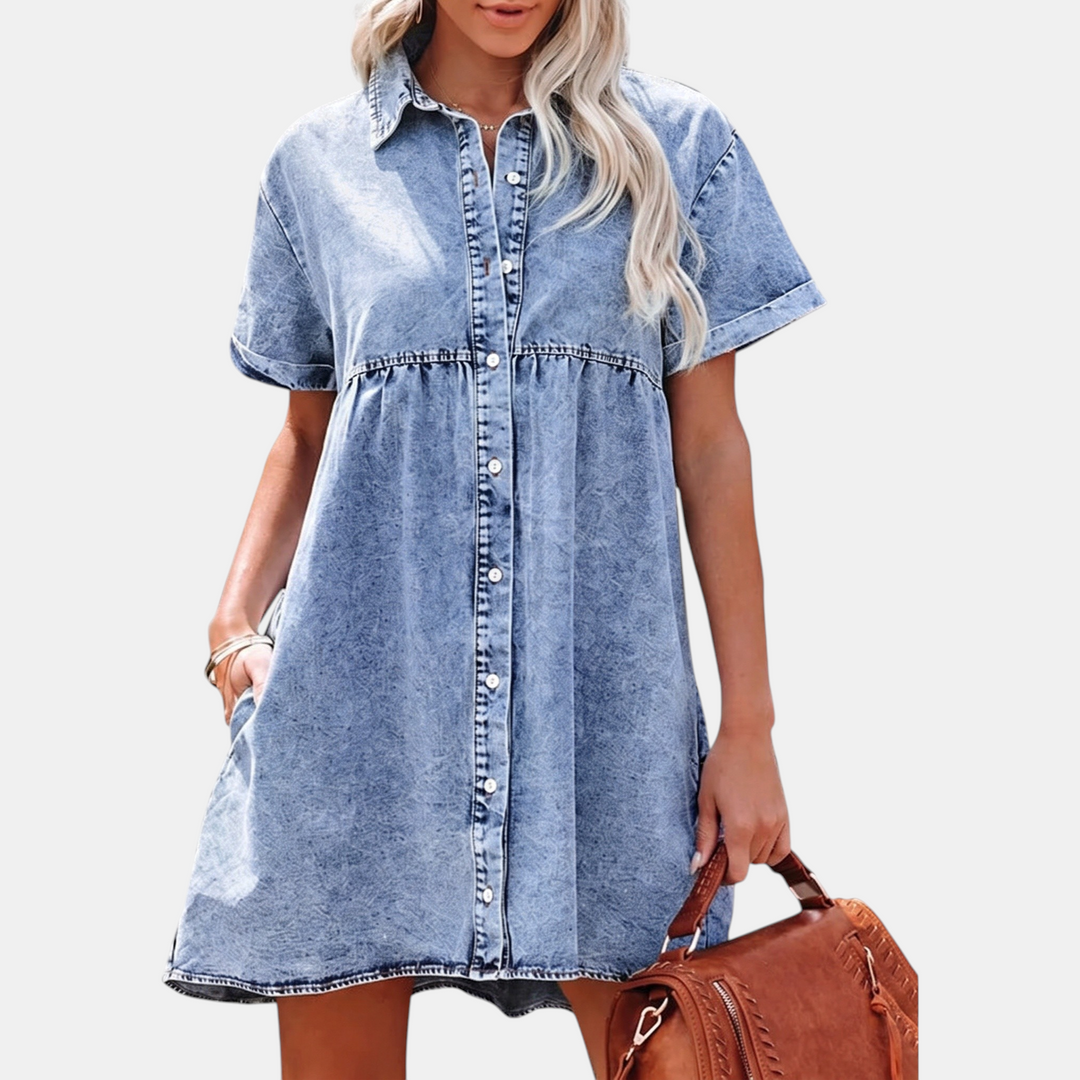 Women's Washed Denim Button Down Ruffle Tiered Mini Dress