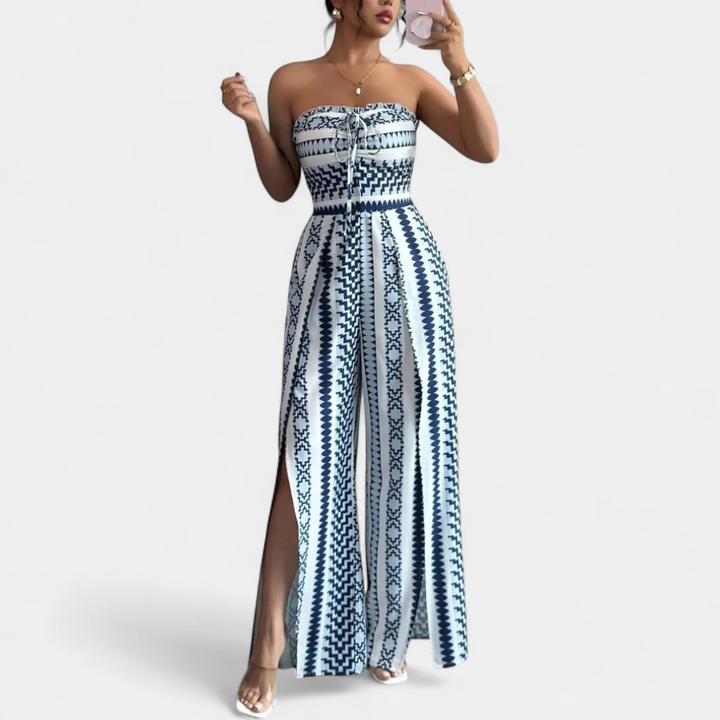 SOLARA™ – Boho Leaf Print Wide Leg Jumpsuit