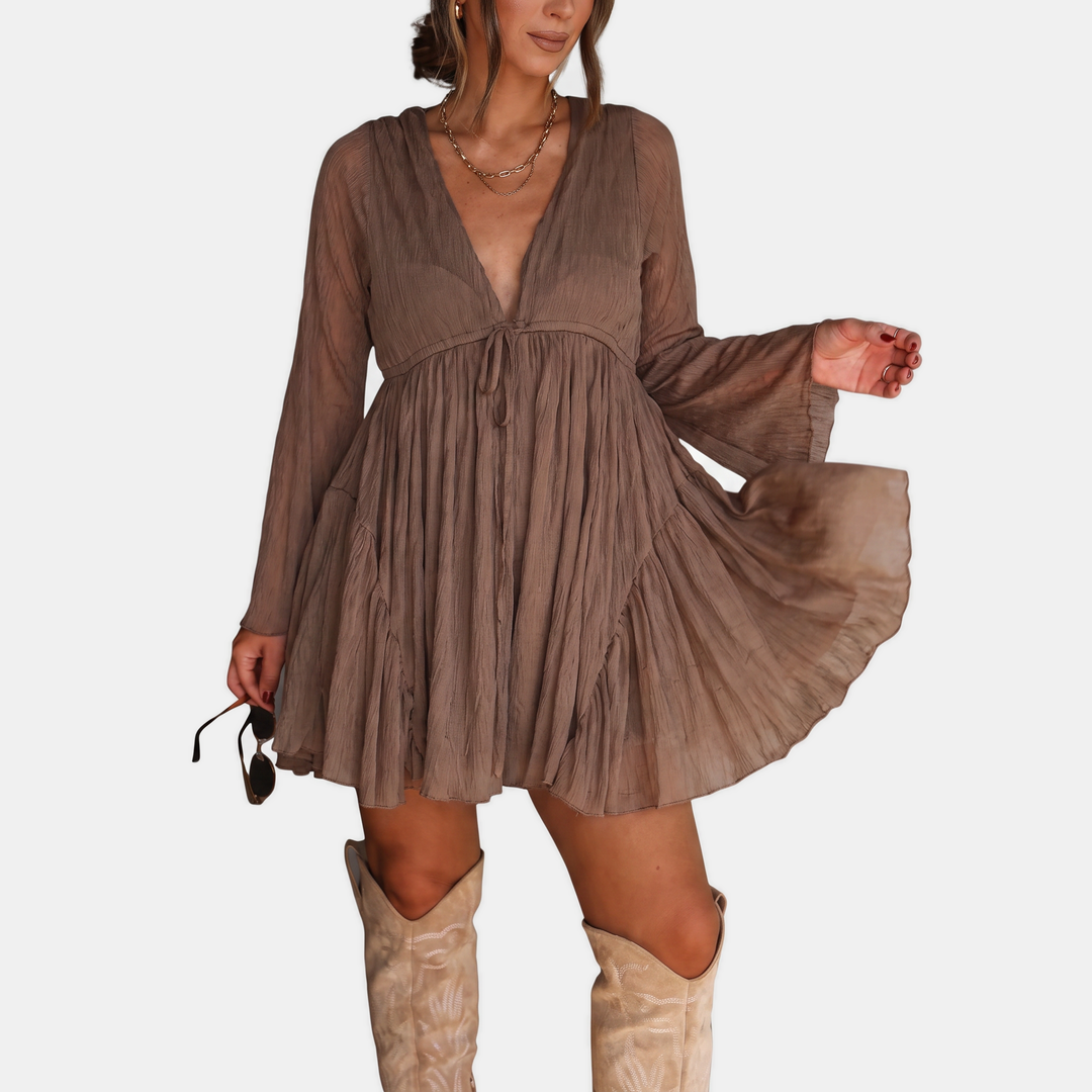 Women's Belted Round Neck Sleeve Stretch Mini Dress