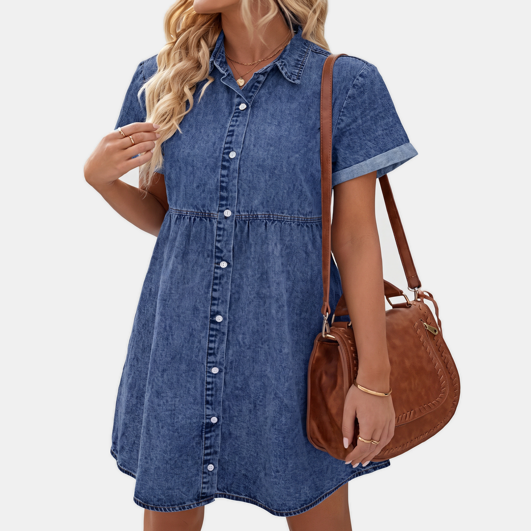 Women's Washed Denim Button Down Ruffle Tiered Mini Dress