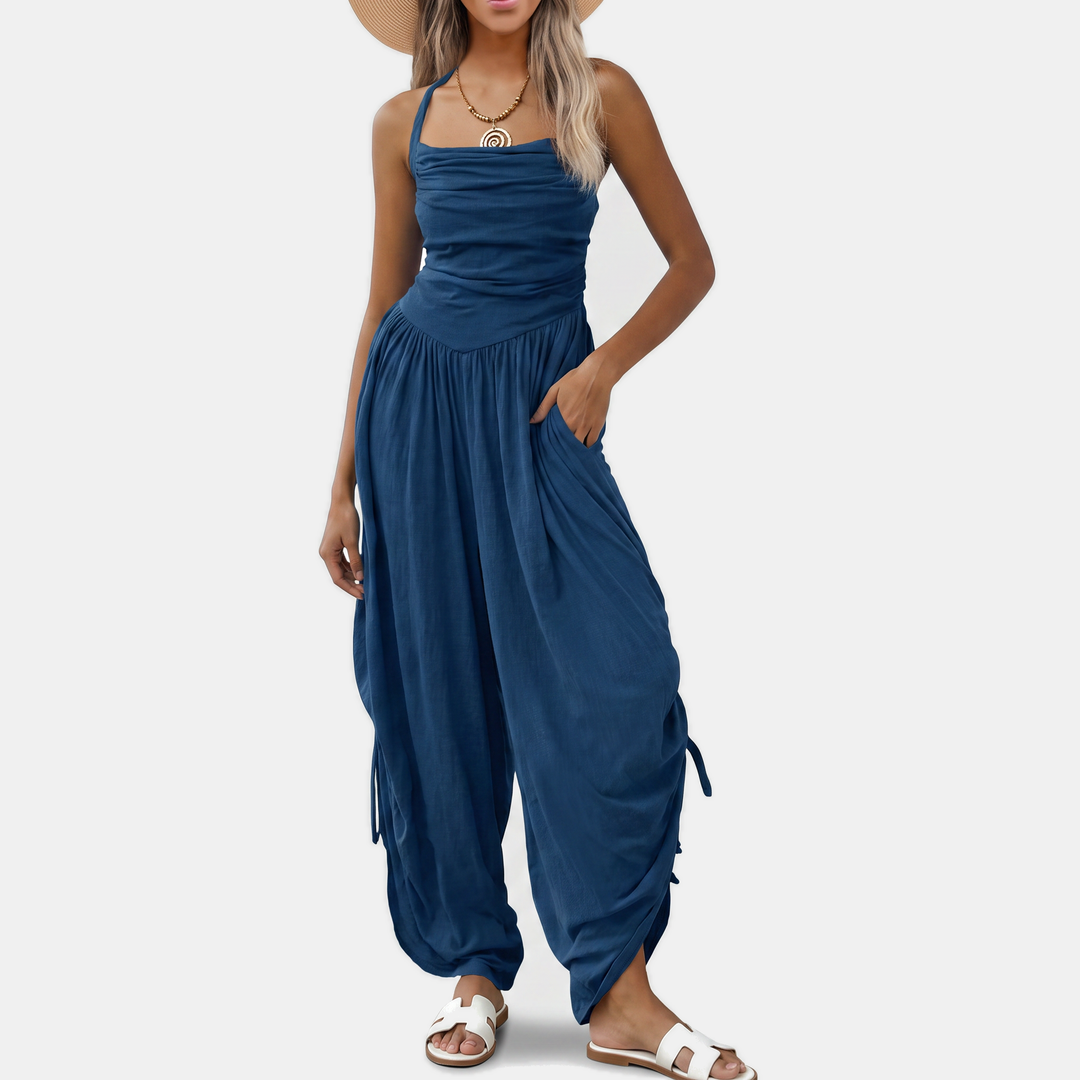Women's Halter Neck Ruched Bodice Wide Leg Jumpsuit