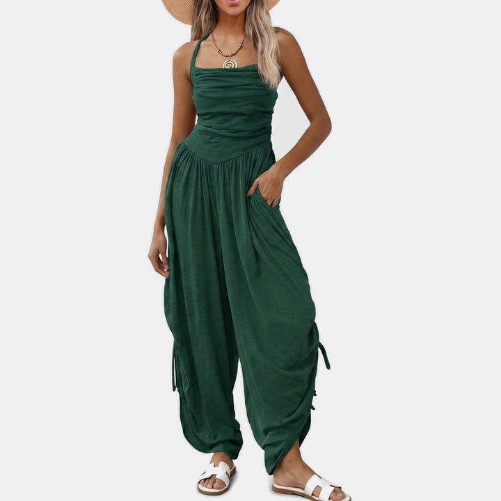 Women's Halter Neck Ruched Bodice Wide Leg Jumpsuit