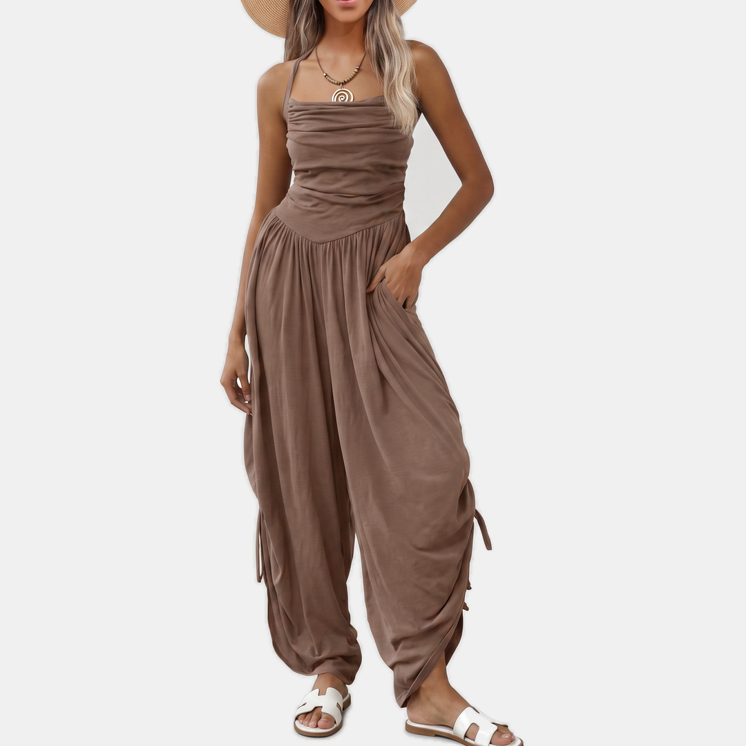 Women's Halter Neck Ruched Bodice Wide Leg Jumpsuit