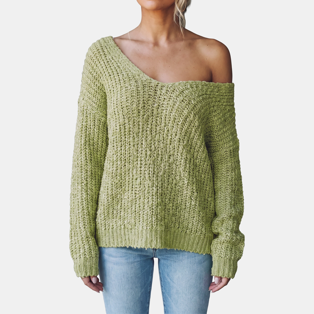 Women's Drop Shoulder Hollow Knit Pullover V-Neck Sweater