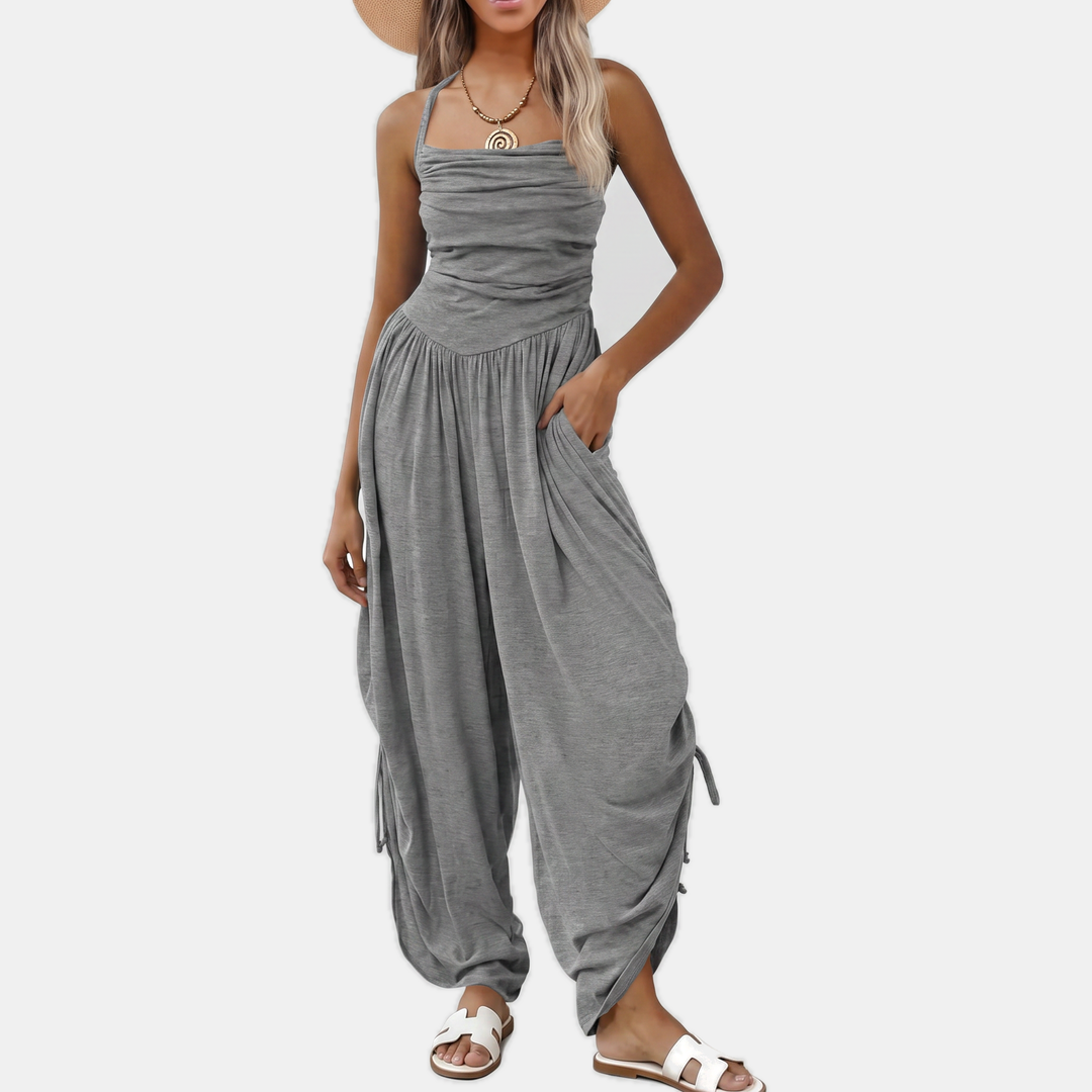 Women's Halter Neck Ruched Bodice Wide Leg Jumpsuit