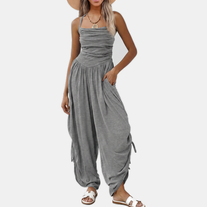 Women's Halter Neck Ruched Bodice Wide Leg Jumpsuit