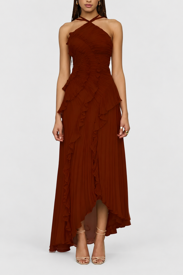 JENNIE™ – Elegant Lotus-Inspired Halter Neck Maxi Dress