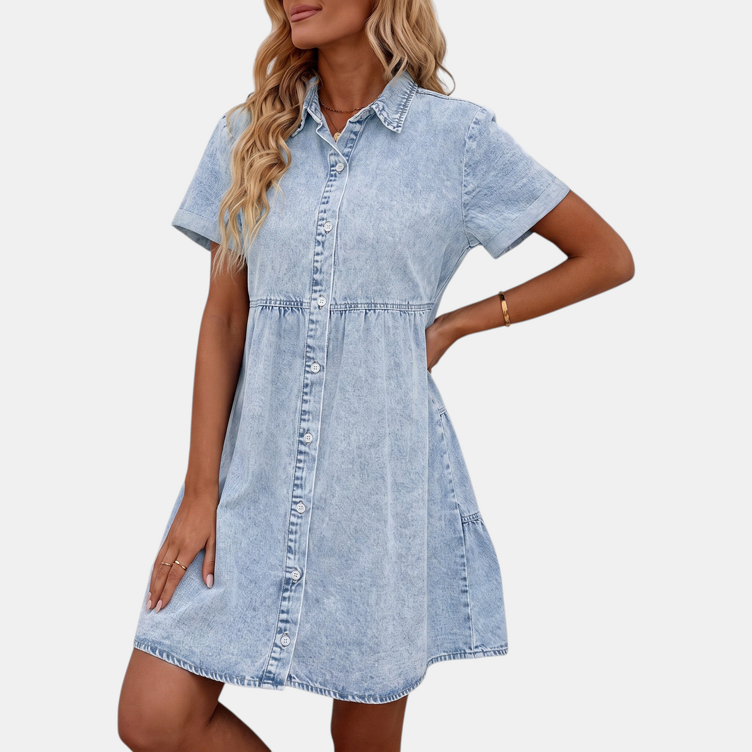 Women's Washed Denim Button Down Ruffle Tiered Mini Dress