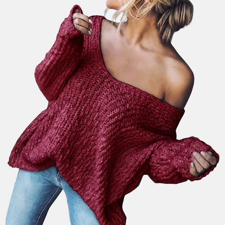 Women's Drop Shoulder Hollow Knit Pullover V-Neck Sweater