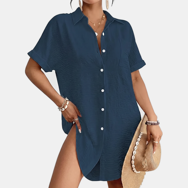 Women's Button Down Pocket Short Sleeve Shirt Dress