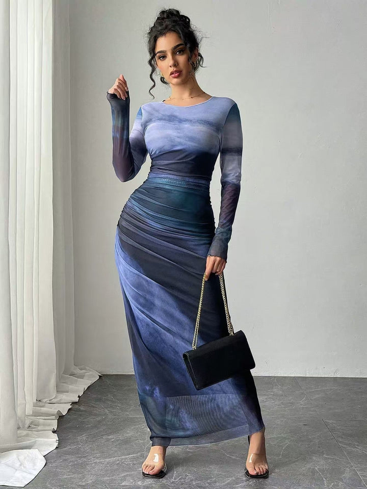 TORINA™ - Comfy Printed Long Sleeve Round Neck Bodycon Maxi Dress