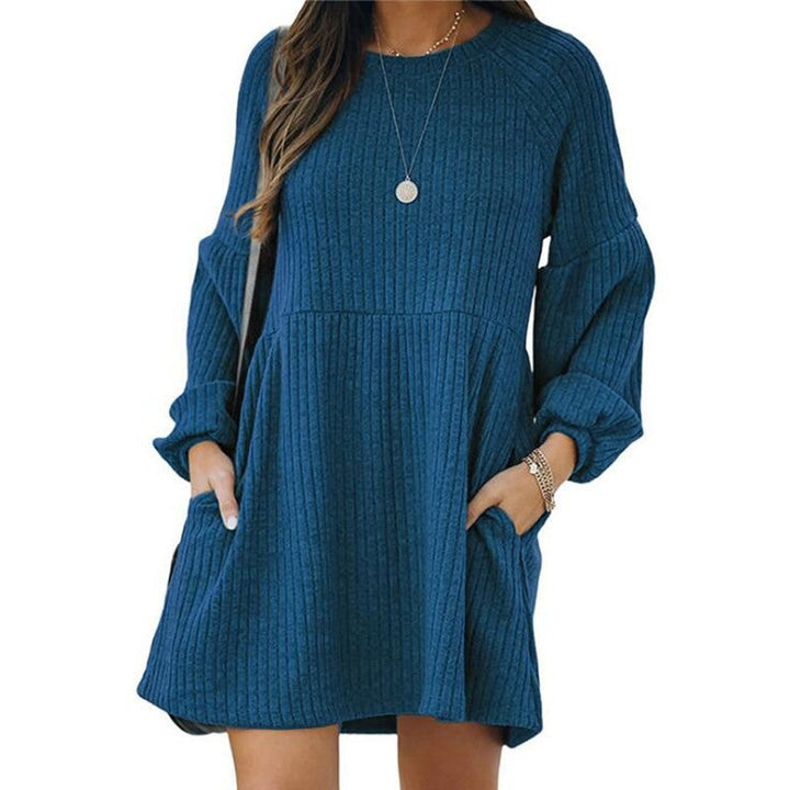 SAKA™ - Cozy Ribbed Bishop Sleeve Round Neck Mini Dress