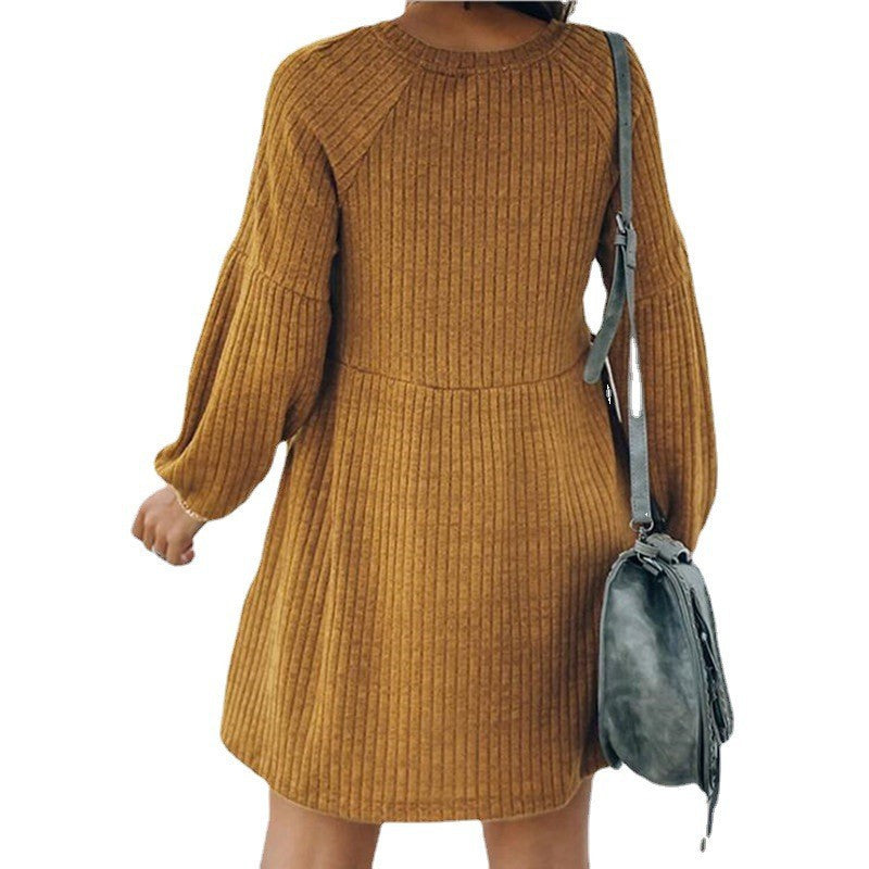 SAKA™ - Cozy Ribbed Bishop Sleeve Round Neck Mini Dress