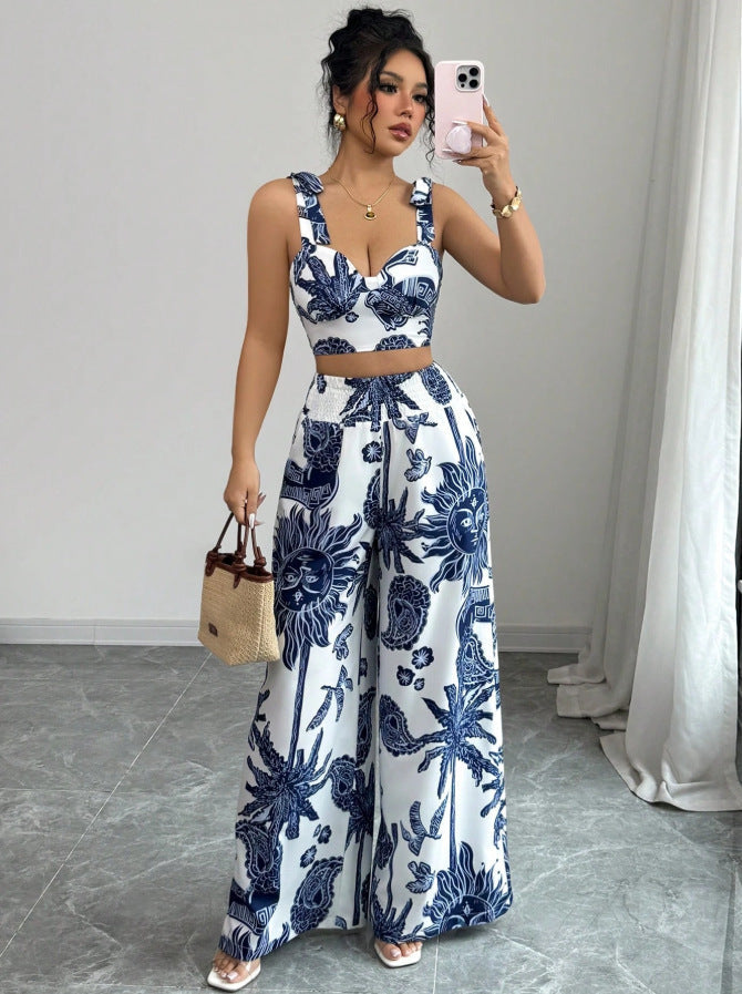 THAWDI™ - Elegant Boho Printed Crop and Wide Leg Pants Set