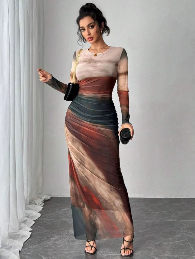 TORINA™ - Comfy Printed Long Sleeve Round Neck Bodycon Maxi Dress